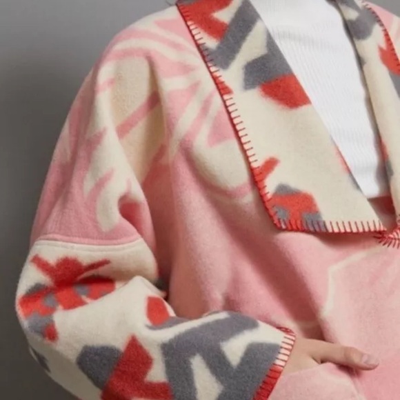 Anthropologie Heidi Kimono Jacket Soft Wool Front Patch Pockets Pink Ivory Motif - Picture 6 of 10